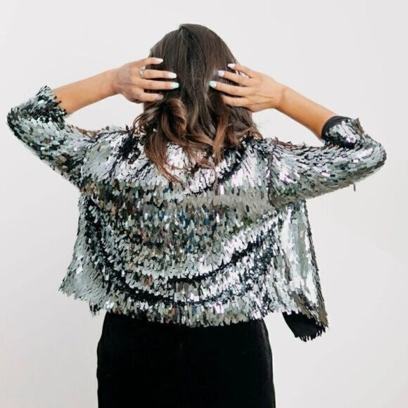 H&M Blue Rectangle Paillette Sequin Fully Lined Jacket - Picture 1 of 5